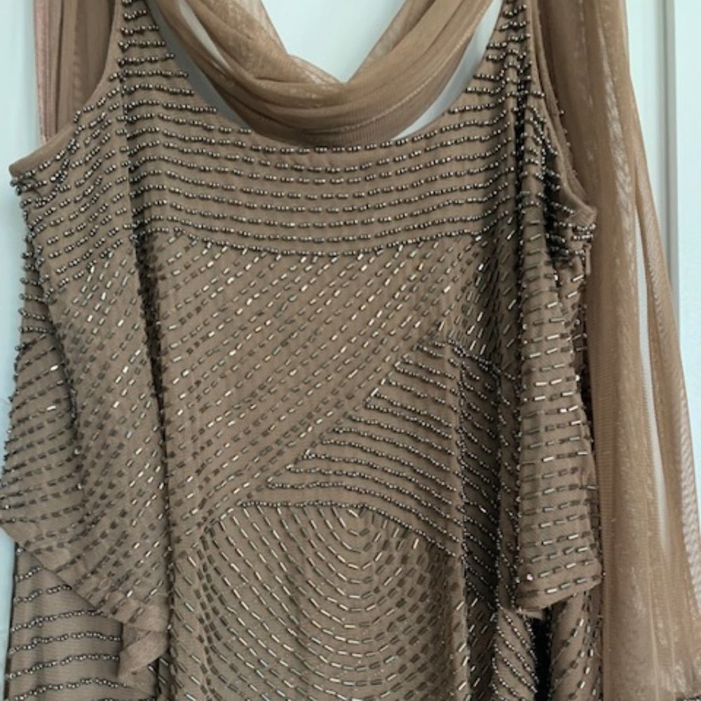 Beaded Light Taupe Cocktail Dress with flowing scarf